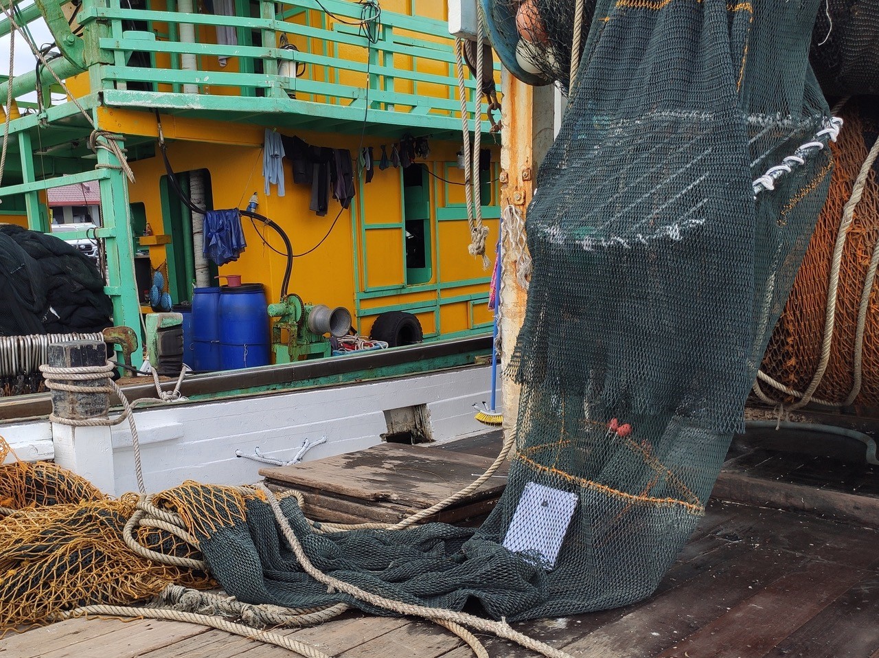 Fully built TED installed to the trawl net with the evidence-based camera system attached, ready for demonstration trials © Marine Research Foundation