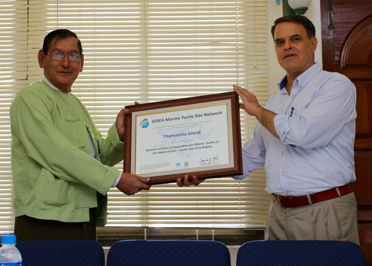 Two people holding a certificate recognizing Thameehla as part of IOSEA Marine Turtle Conservation Site Network